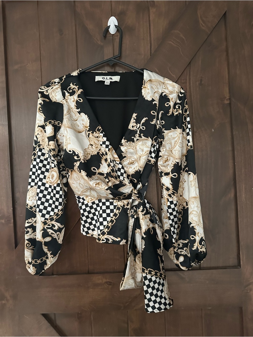 OLM Black & Gold Wrap Blouse with Checker and Baroque Print